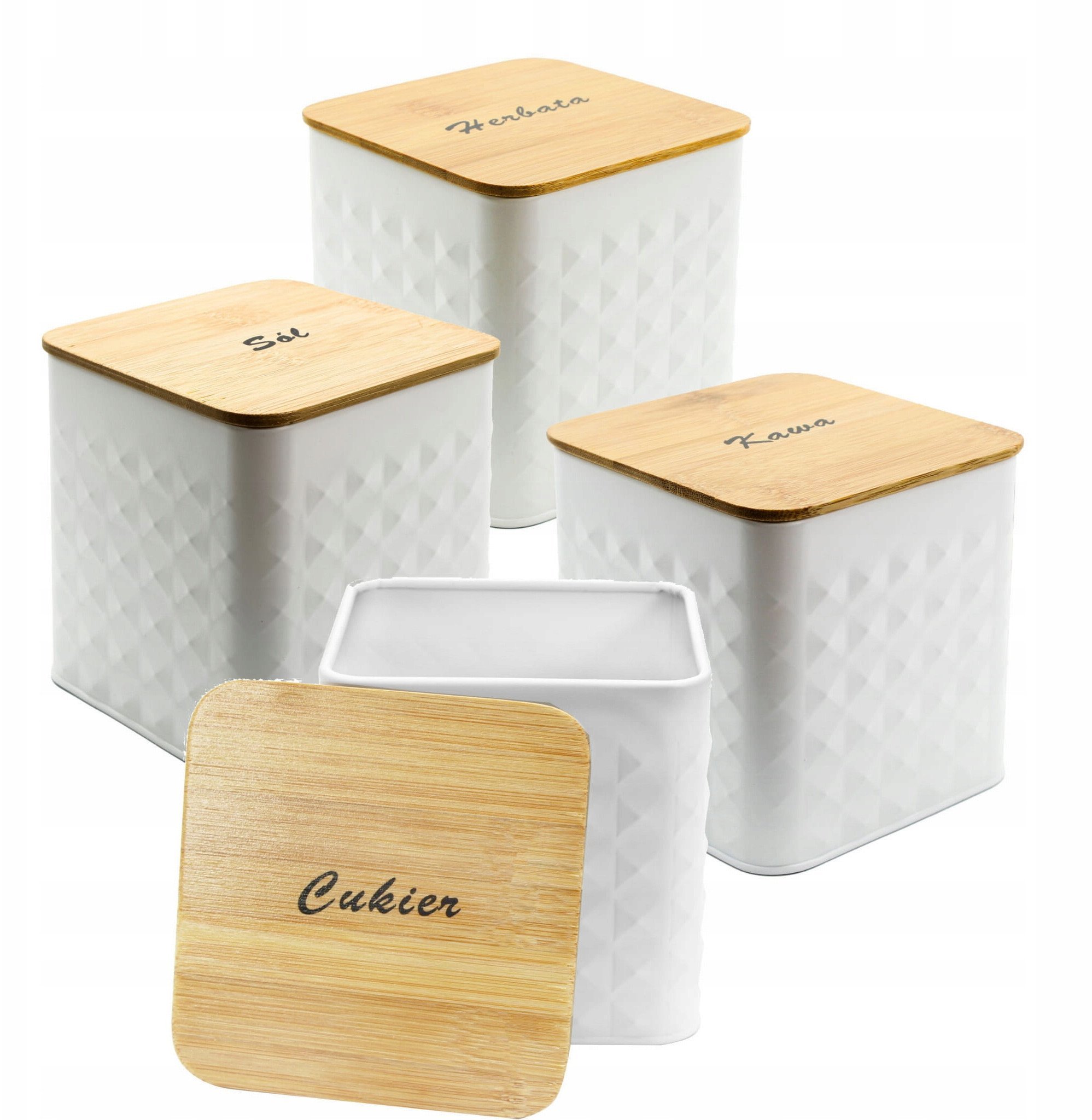 ZESTAW 4 POJEMNIKÓW KAWA HERBATA CUKIER SÓL BRUNBESTE BB-4262 (NAPISY PL)