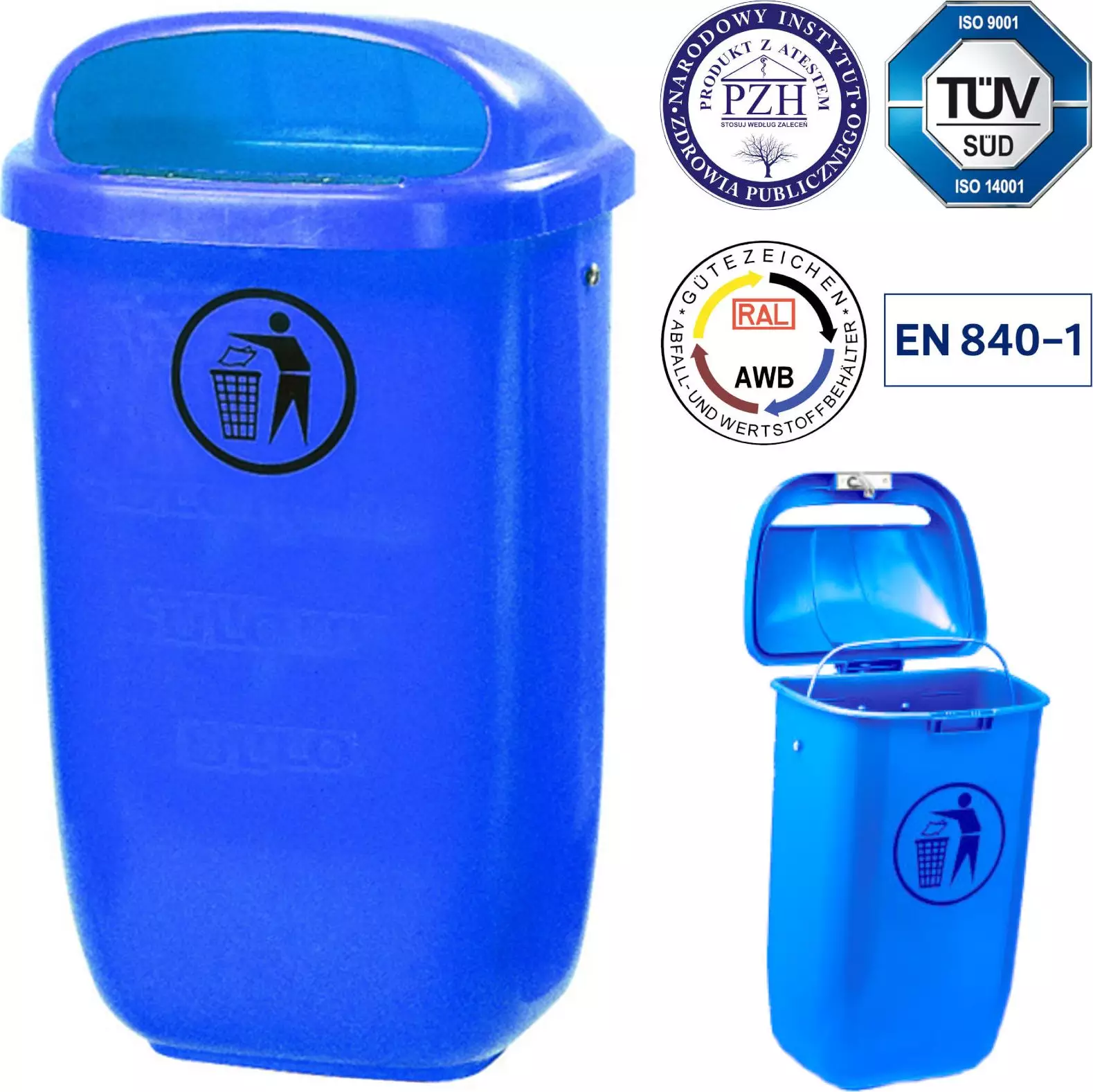 Europlast Kosz uliczny miejski pojemnik na śmieci na słupek lub ścianę DIN 50L - niebieski Kosz uliczny miejski pojemnik na śmieci na słupek lub ścian