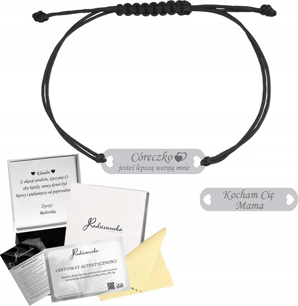 Radziszewska Jewellery Bransoletka Srebrna dla Córki Blaszka Srebro 925 Grawer Sznurek Prezent
