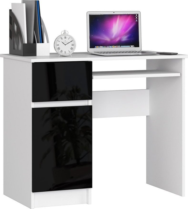 Elior Czarno-białe biurko z półkami połysku Strit 5X