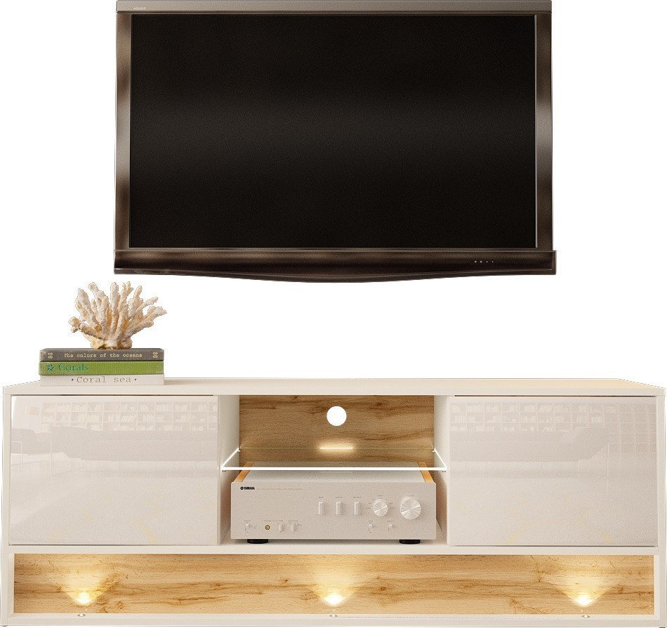 MEGSTYL SZAFKA RTV 140CM Z WSTAWKĄ DĄB WOTAN - VISION 3 Biały - Wotan mat - Biały połysk