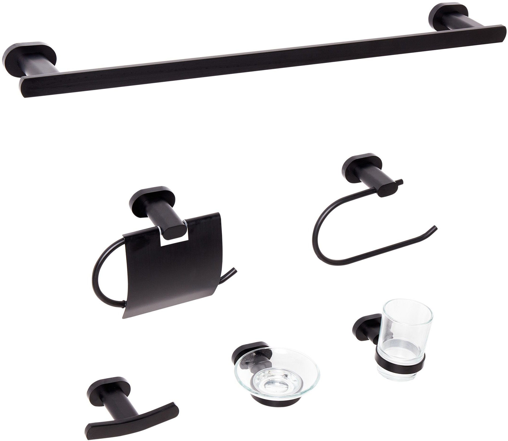 Zestaw akcesoriów toaletowych 6 elementów TOCOPILLA Z uchwytami i haczykami na ręczniki Czarny