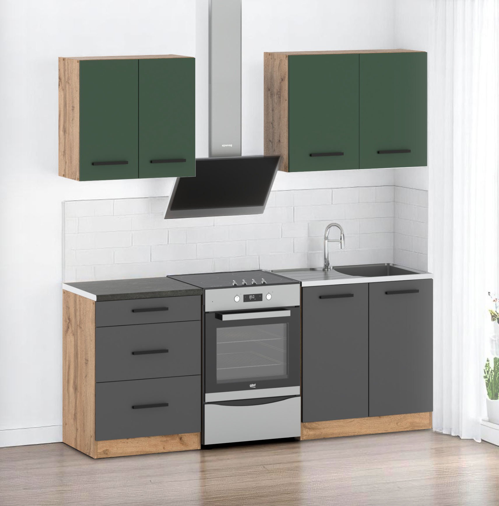 Kuchnia nowoczesna modułowa mała z blatem 2m wotan szary butelkowa zieleń