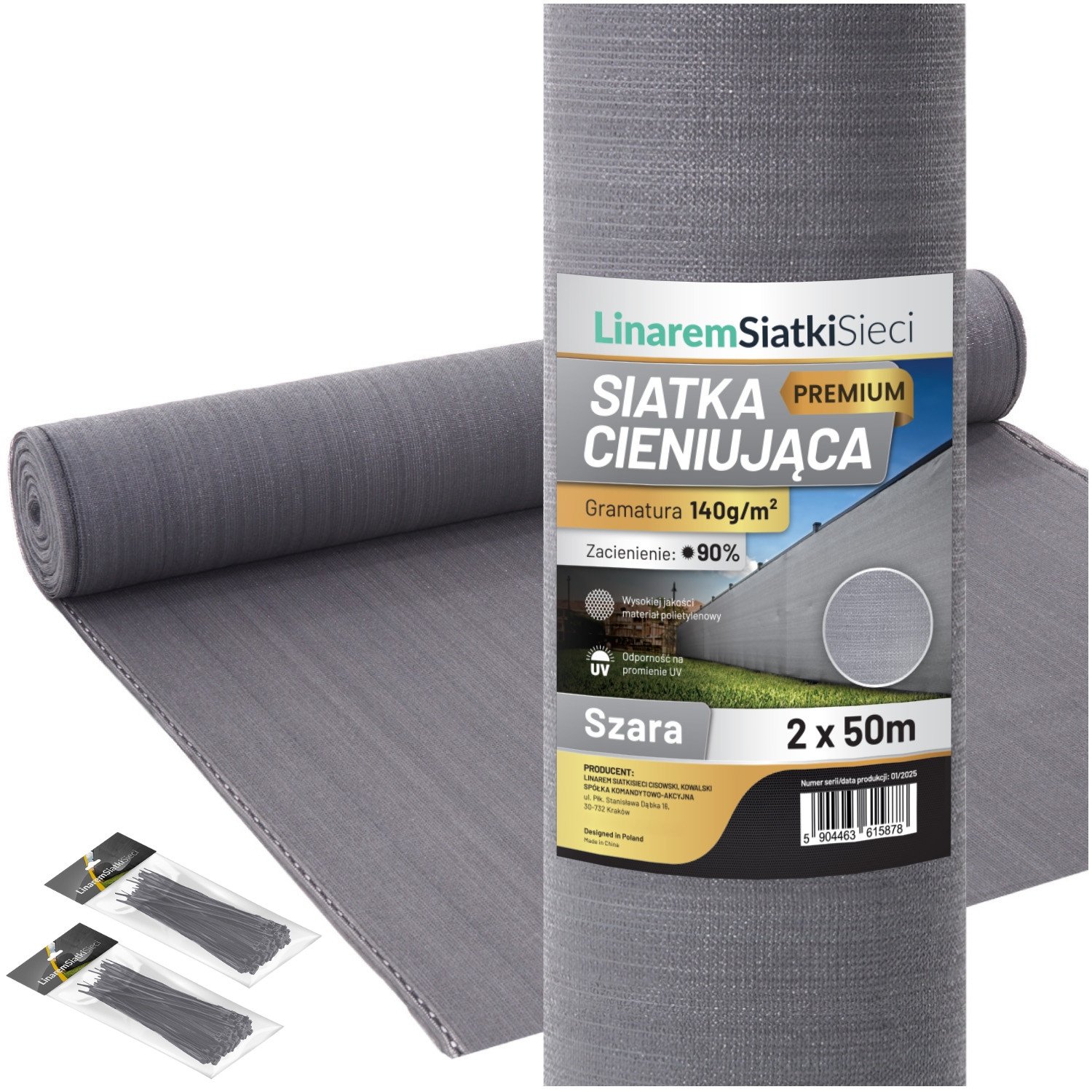 SIATKA CIENIUJĄCA 90% MASKUJĄCA 2x50m OSŁONA NA PŁOT OGRODZENIE SZARA +UV