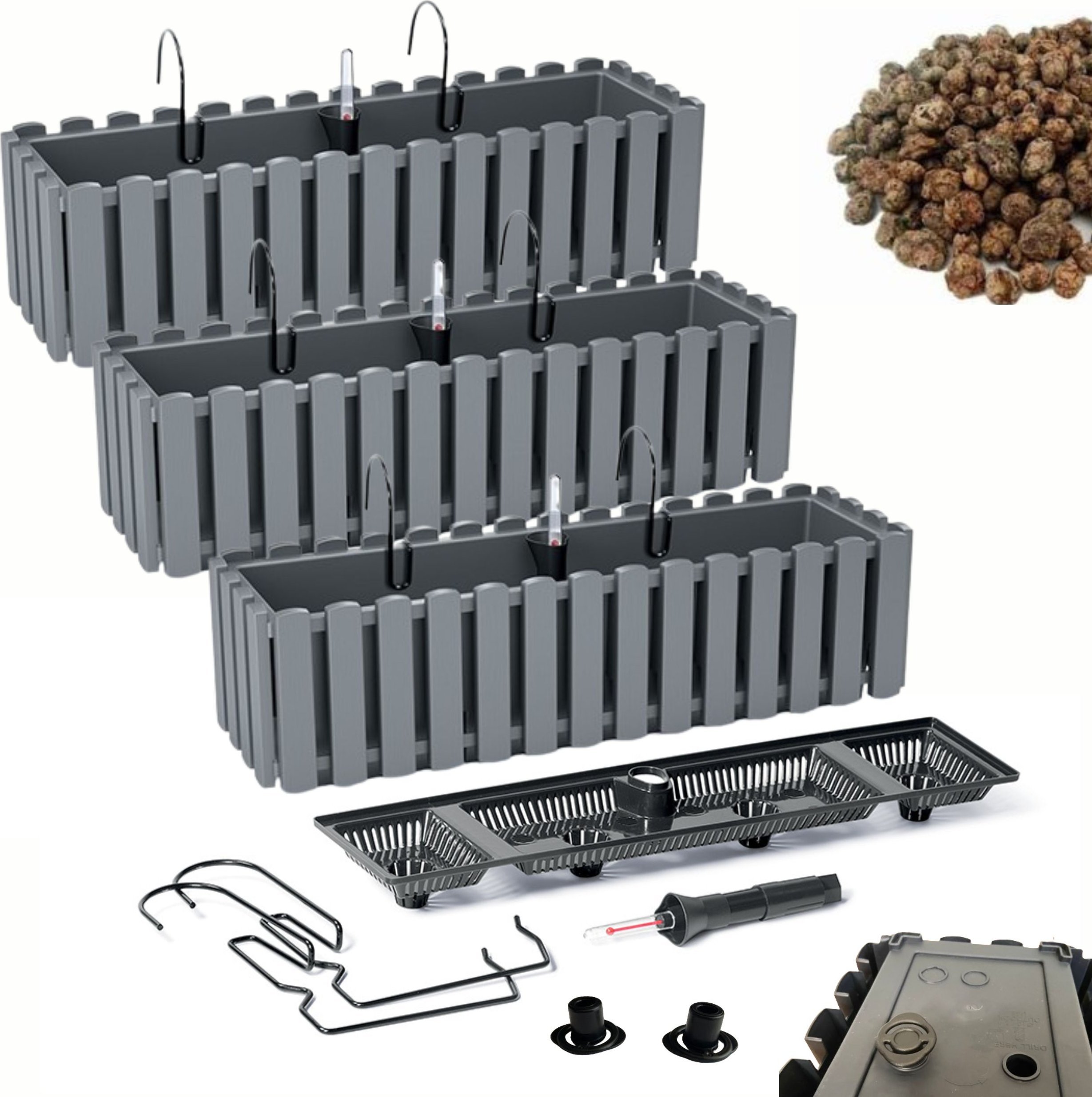 Prosperplast 3x Skrzynka na balustradę DDEF600W Doniczka balkonowa + Keramzyt 3l