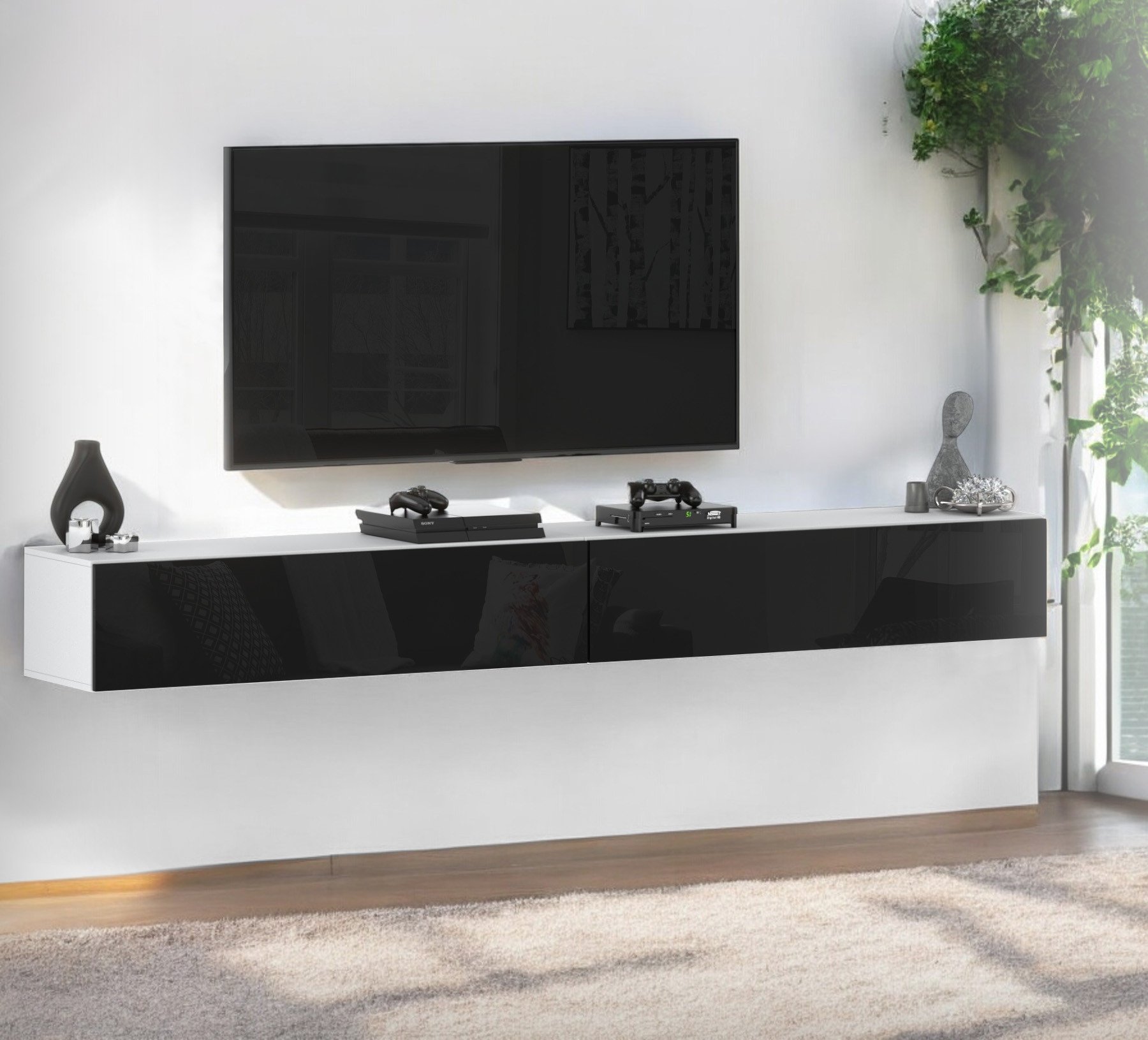 Szafka Rtv Wisząca 280cm Nowoczesna Pod Tv Salon Biały Mat Czarny Połysk