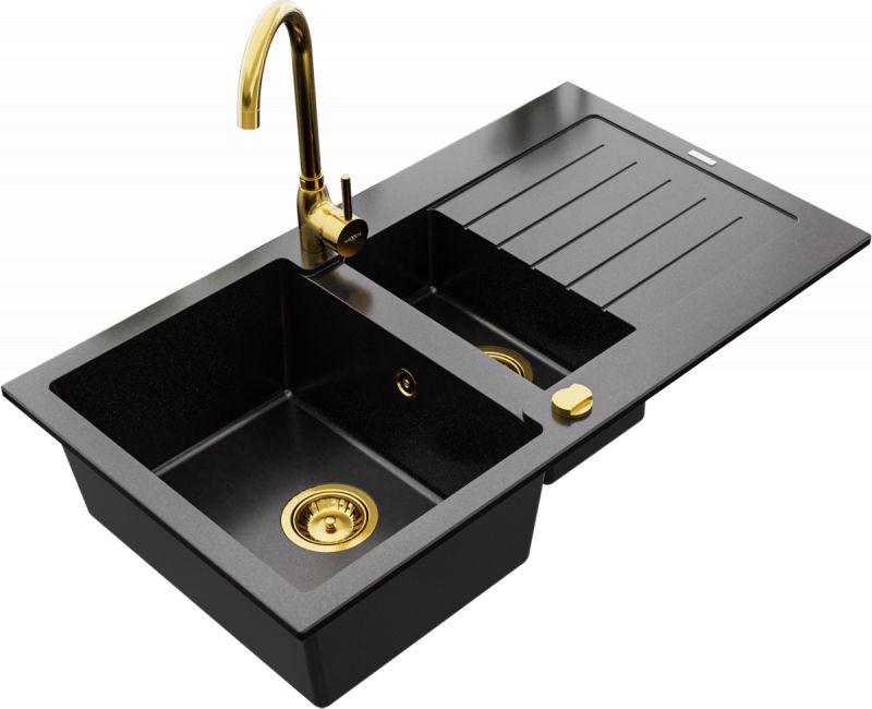 Zlewozmywak Mexen Mexen Matias zlewozmywak granitowy 1,5-komorowy z ociekaczem i baterią kuchenną Telma, czarny - 6502-77-670200-50