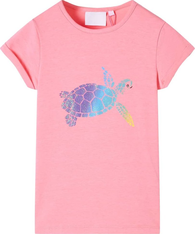 vidaXL Koszulka dziecięca z żółwiem, jaskraworóżowa, 128