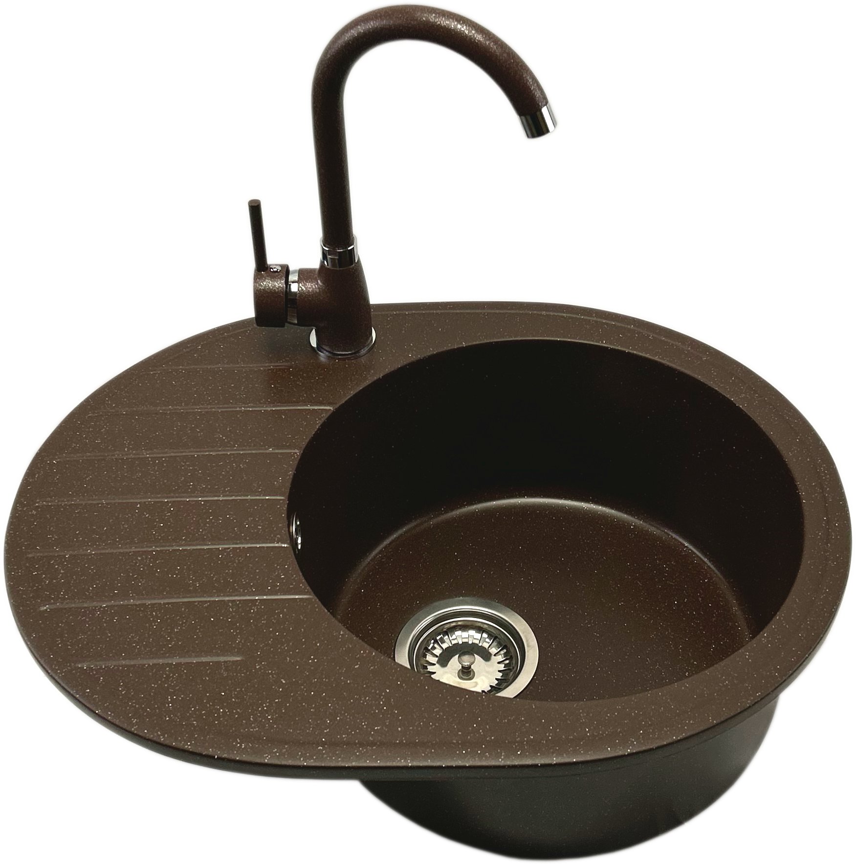 Zlewozmywak jednokomorowy VISTA brąz metalik z lewym ociekaczem + bateria NOON