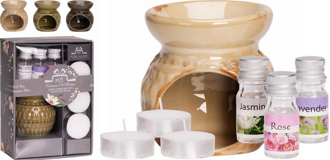 Kominek ceramiczny zestaw z olejkami eterycznymi 3 zapachy i tealighty 1szt