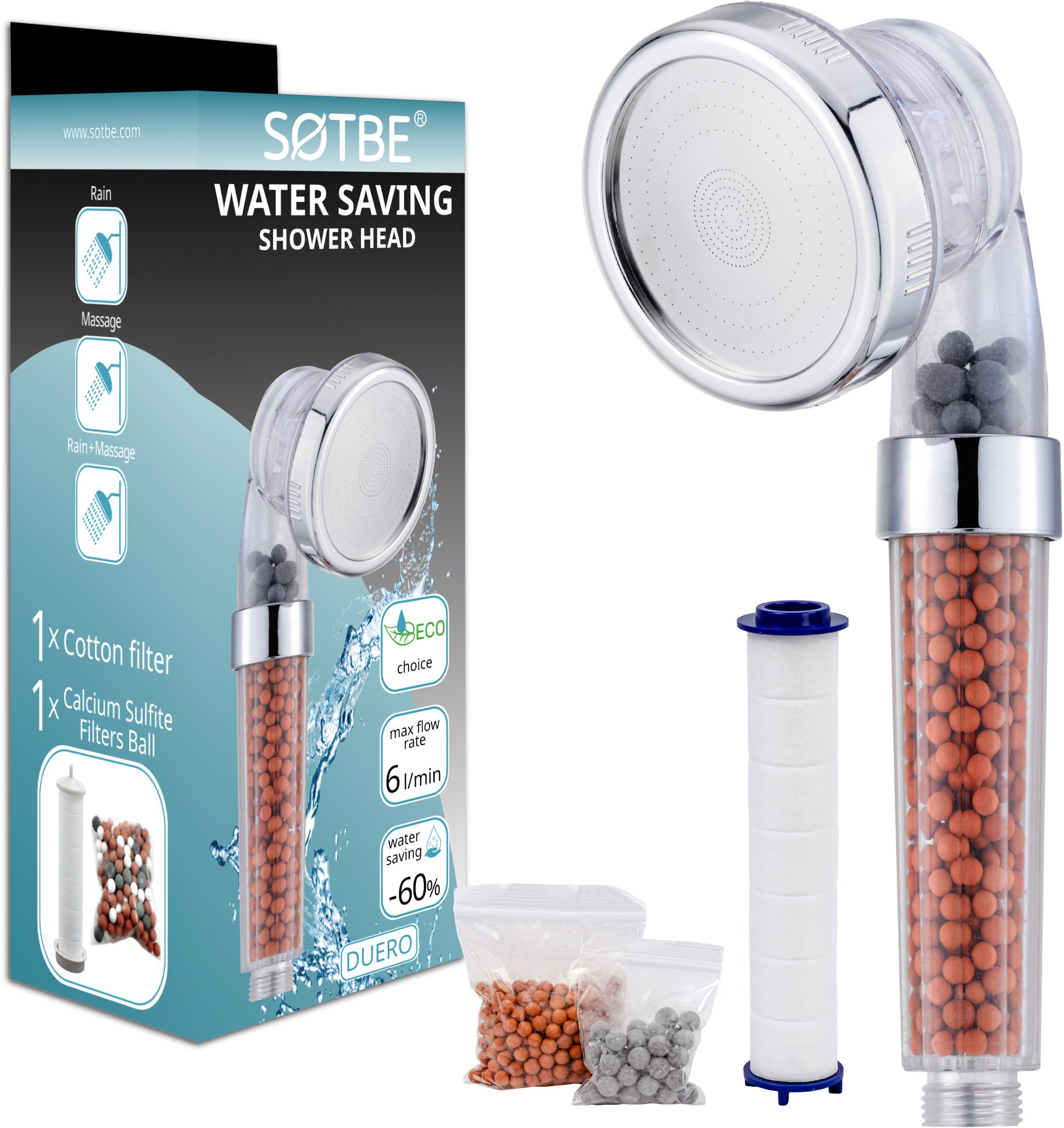 Słuchawka prysznicowa WODOOSZCZĘDNA natryskowa Anti Calc 3 funkcje SOTBE