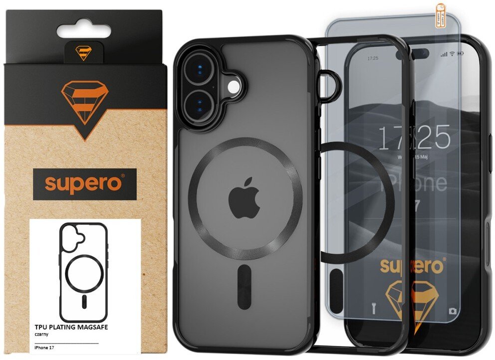 SUPERO Etui Tpuplating Magsafe do iPhone 17, czarny przezroczysty + szkło