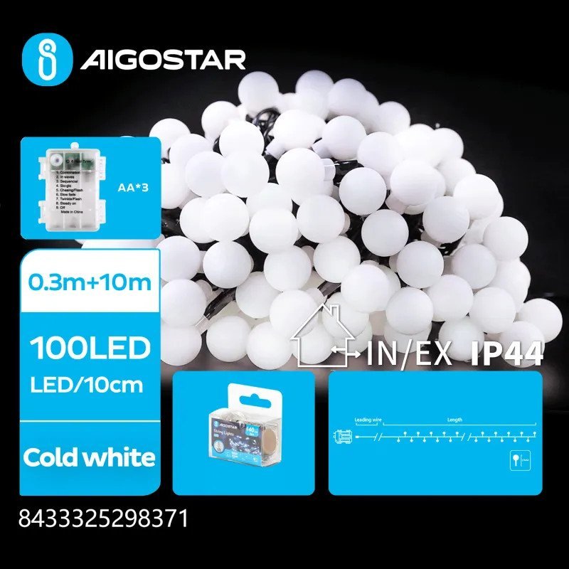 Lampki choinkowe Aigostar Lampki choinkowe mleczne żarówki na 3 baterie AA, Zimna biel, 10m Taśma świetlna mleczne żarówki na 3 baterie AA, Zimna bi