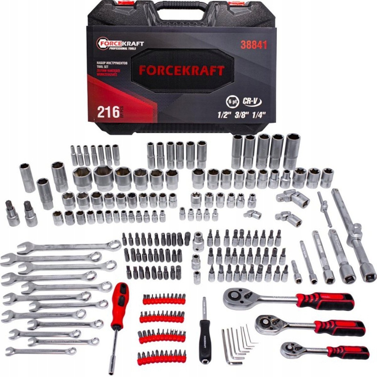 Zestaw narzędzi 216el. 1/4", 3/8" i 1/2" (6-kątnych) (4-32mm)