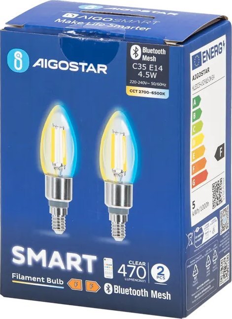Aigostar Inteligentna żarówka Bluetooth Mesh C35 4.5W CCT 2 szt. E14 Inteligentna żarówka Bluetooth Mesh C35 4.5W CCT 2 szt.