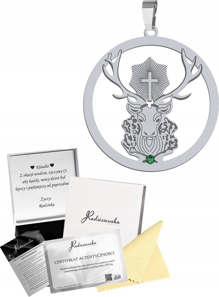 Radziszewska Jewellery ZAWIESZKA SREBRNA JELEŃ ŚWIĘTEGO HUBERTA PREZENT GRAWER SREBRO 925 ŻYCZENIA