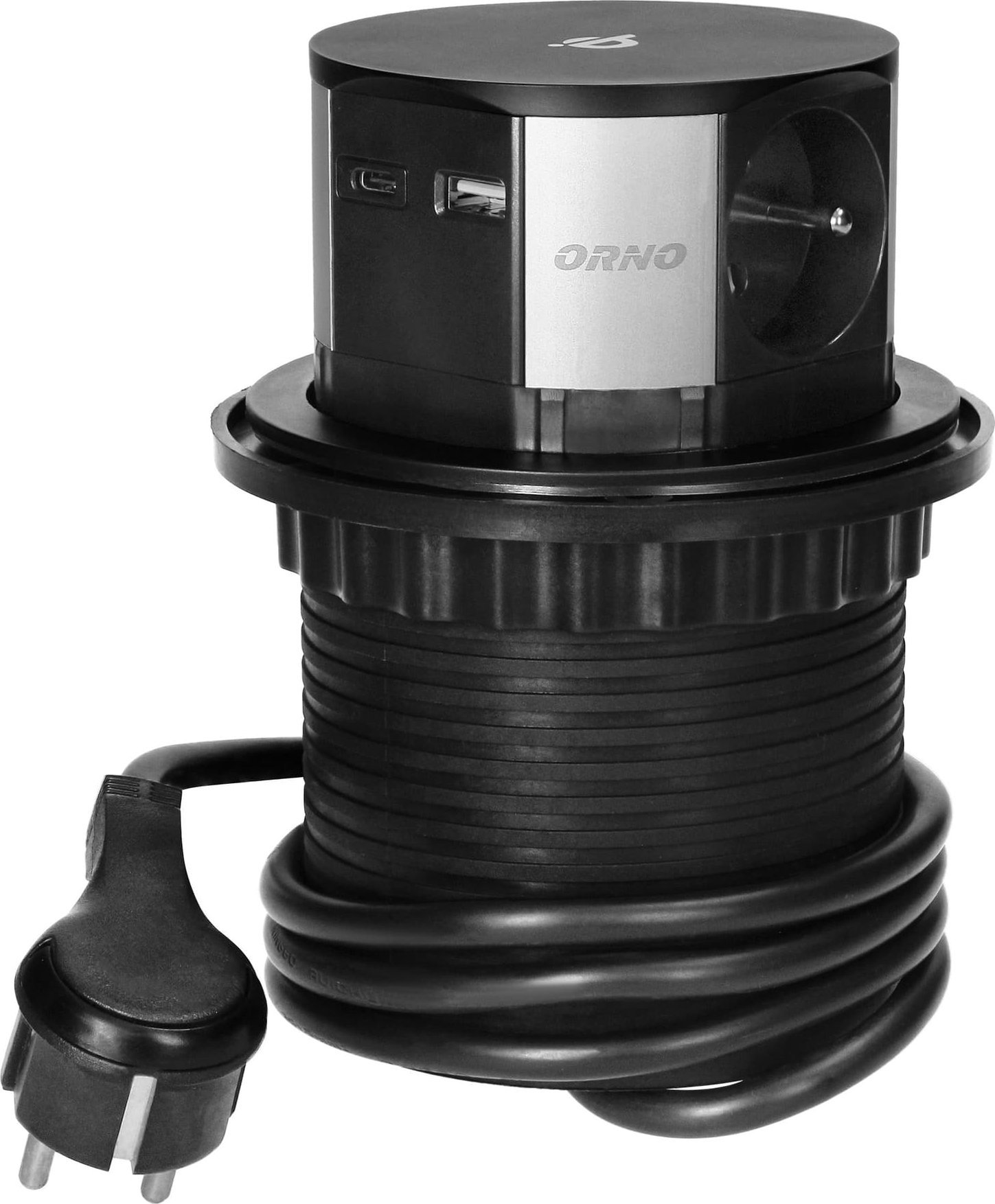 Orno Gniazdo Orno OR-GM-9017 meblowe O10cm wysuwane z blatu z ładowarką indukcyjną ładowarką USB i przewodem 15m 3x2P Z Qi 1.2.4 max. 10W 2xUSB QC 3.0