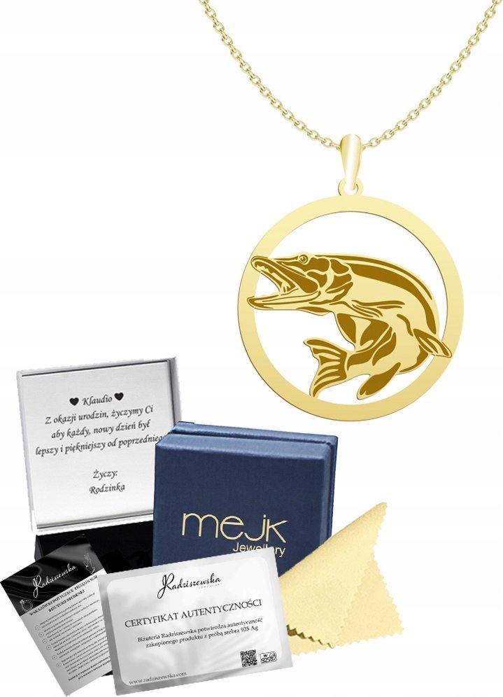 Radziszewska Jewellery Złoty Naszyjnik Szczupak Ankier SREBRO 925 Grawer Dedykacja Prezent