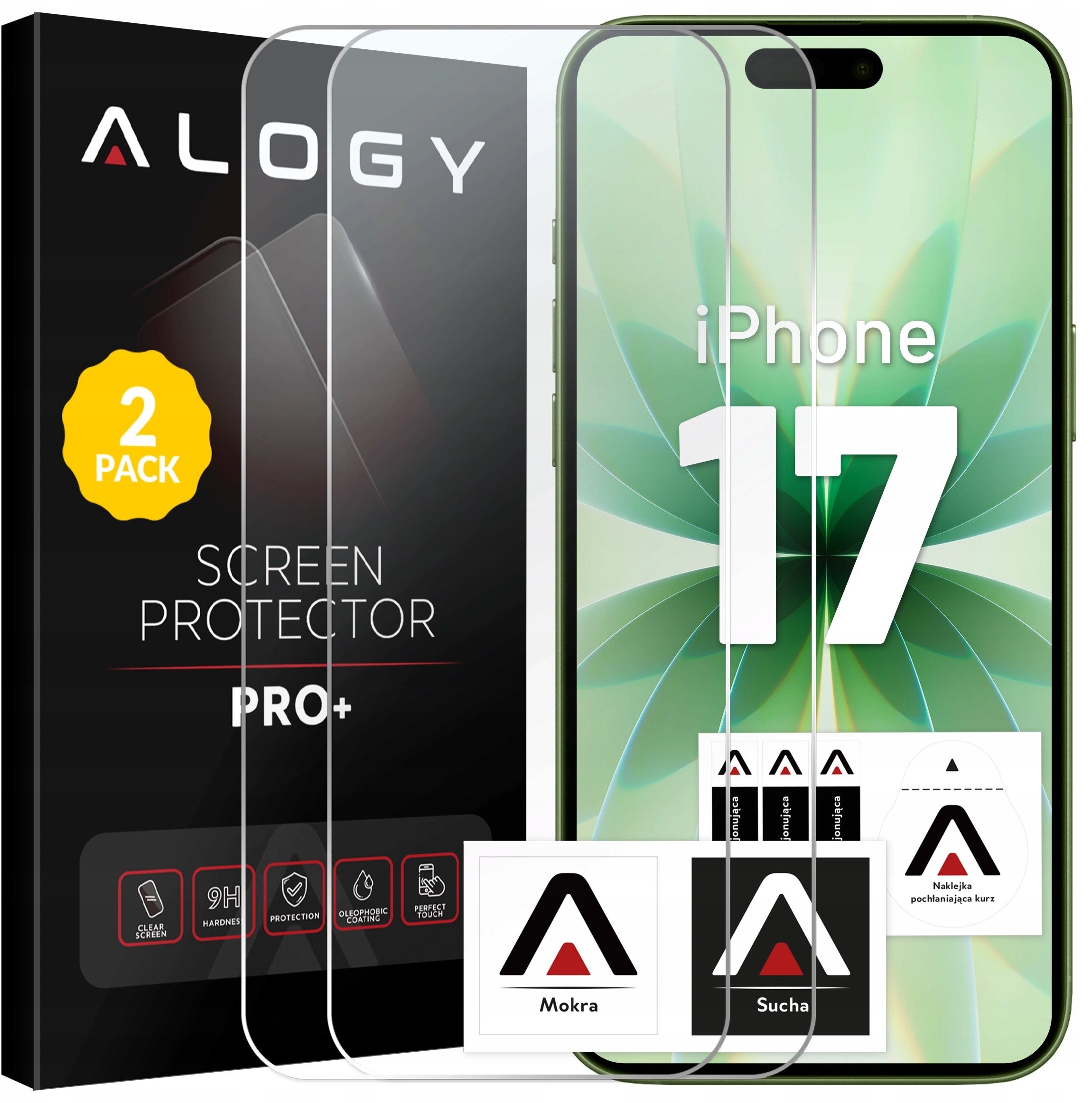 2x Szkło Hartowane Ochronne 9H do Apple iPhone 17, Wzmocnione i Odporne na Zarysowania, Łatwy Montaż Bez Bąbelków, Alogy Heavy P