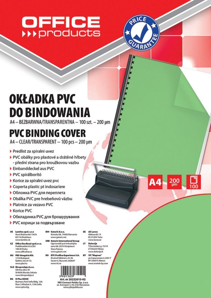 Office Products Okładki do bindowania OFFICE PRODUCTS, PVC, A4, 200mikr., 100szt., zielone transparentne