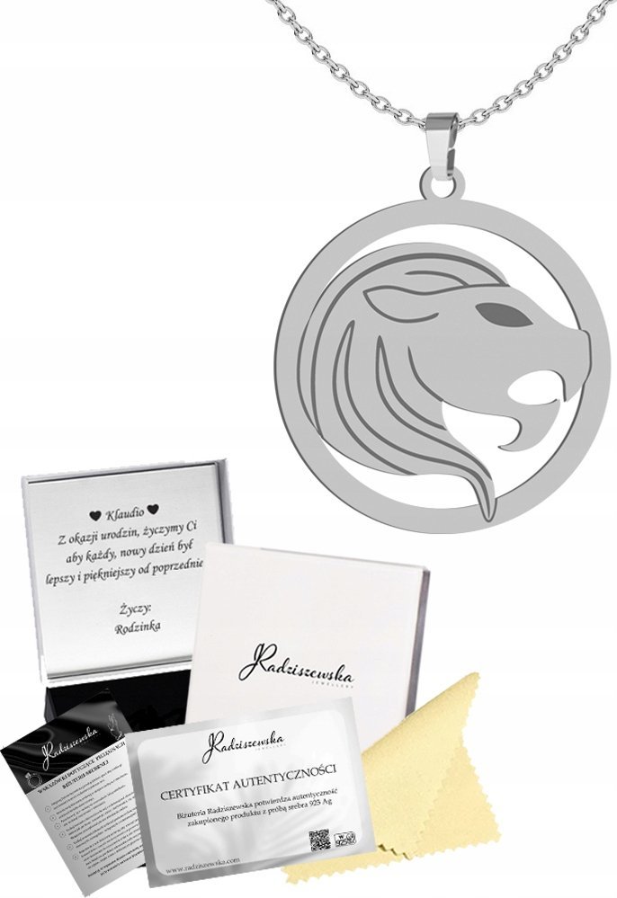 Radziszewska Jewellery Naszyjnik Srebrny Znak Zodiaku LEW Łańcuszek 925 Prezent GRAWER GRATIS