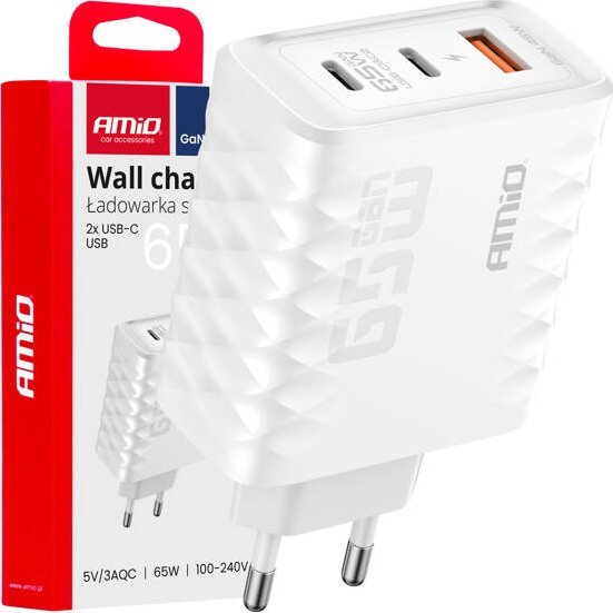 Ładowarka sieciowa Quick Charge 65W USB-A + 2x USB-C AMIO-04289