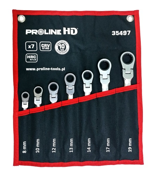 Pro-Line Zestaw kluczy płasko-oczkowych z grzechotką i przegubem 8-19mm 7szt. (35487)