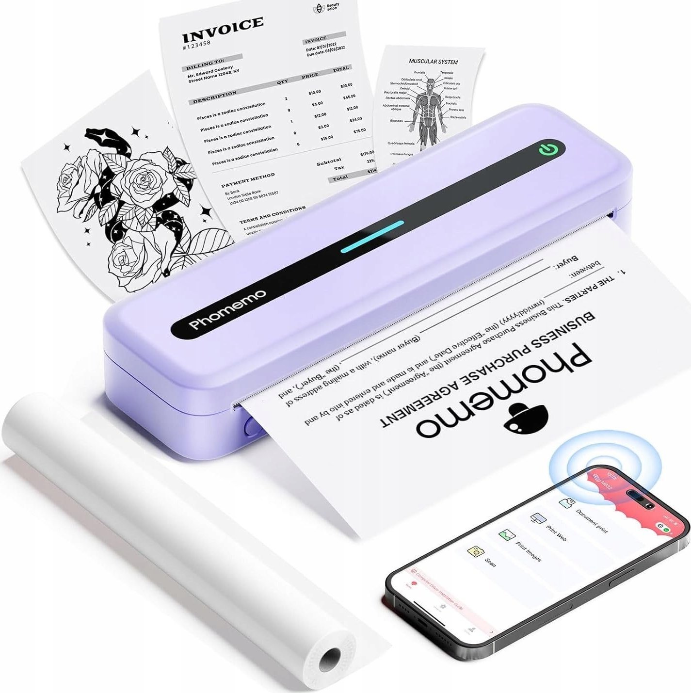 Drukarka etykiet Phomemo Przenośna Drukarka Termiczna Naklejki 300dpi A4 216/110/80/53 Phomemo / M832 / Fioletowy