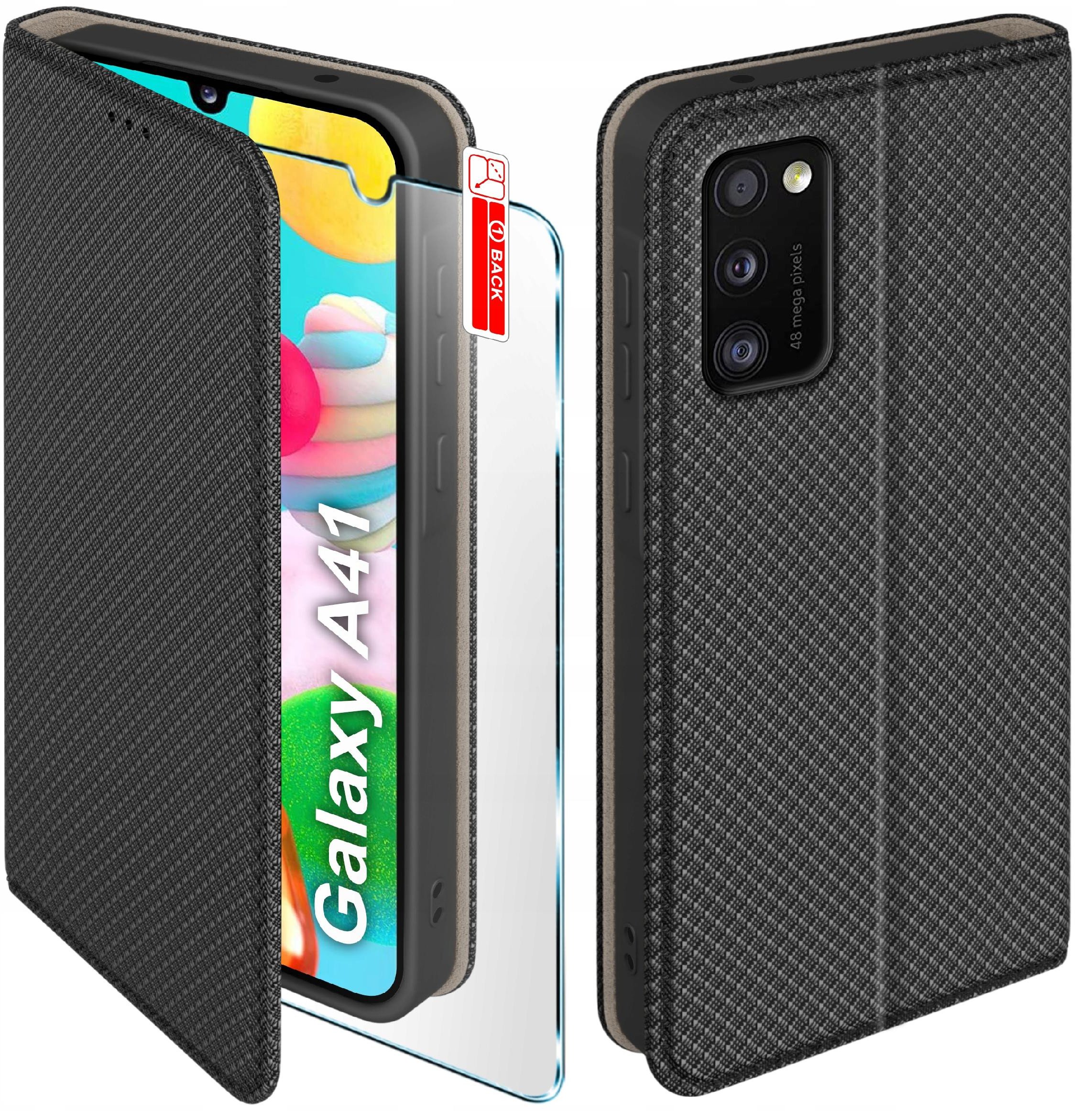 Etui z klapką do Samsung A41 Zamykane Czarne Futerał + Szkło 9H
