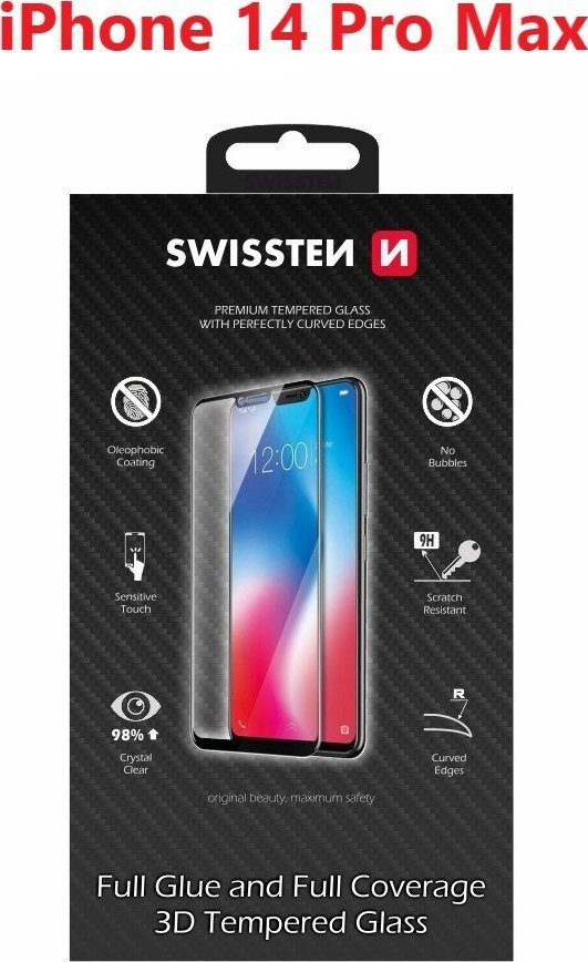 Swissten Ultra Durable 3D Full Glue Glass Apple IPhone 14 Pro Max Black