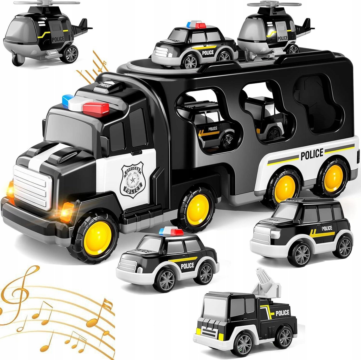 Zestaw laweta transportowa autka policyjne helikopter dźwięk SX600-23A