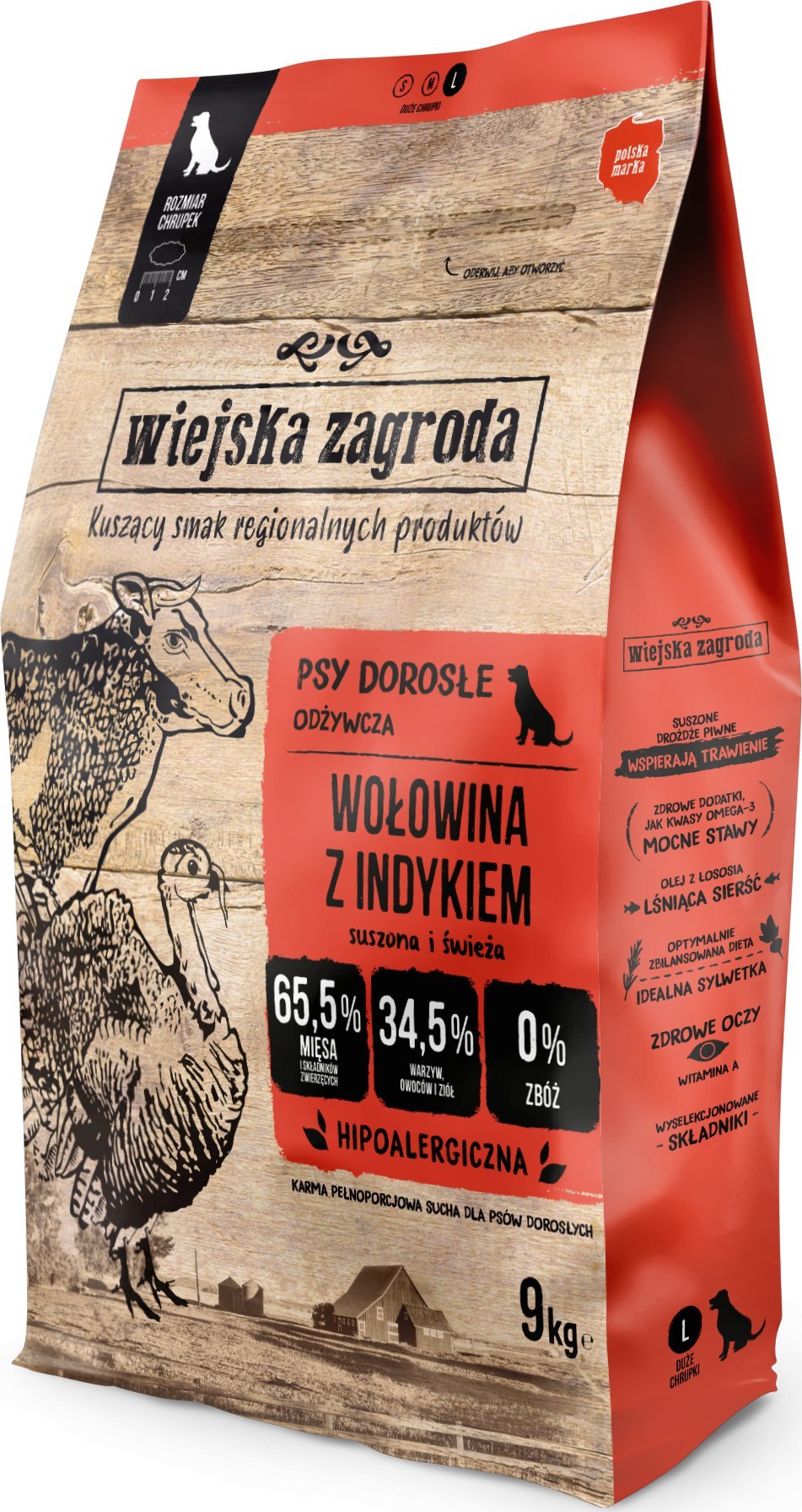 Wiejska Zagroda Karma sucha dla psa Wołowina z indykiem (dorosły) chrupki L 9kg