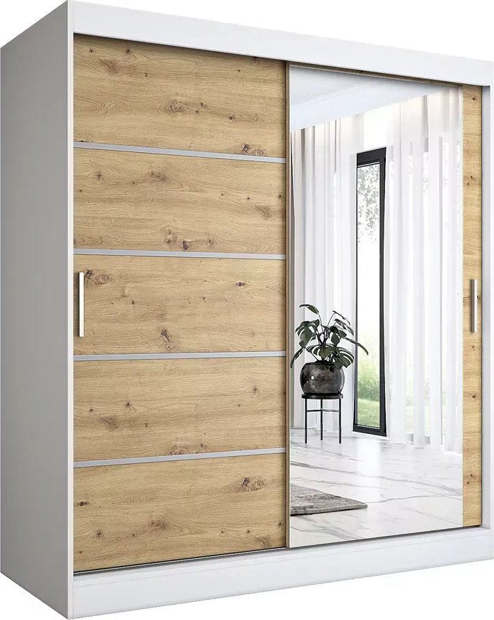 Elior Szafa przesuwna 180 cm biel + dąb artisan - Lorenza 5X