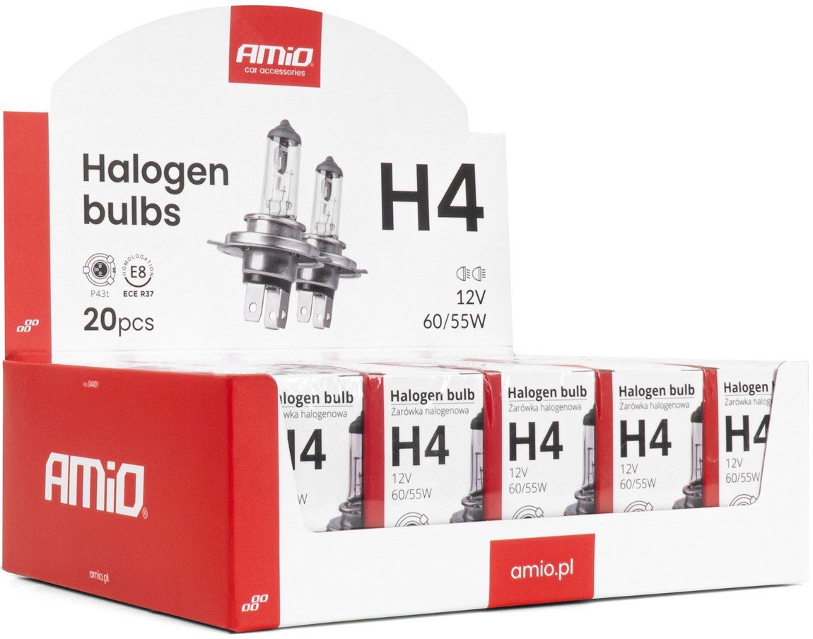 Zestaw żarówek halogenowych h4 12v 60/55w filtr uv (e8) 20szt. amio-04401