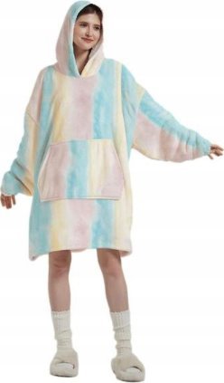 Bluza pluszowa z kapturem comfy koc oversize ciepła na zimę tie dye