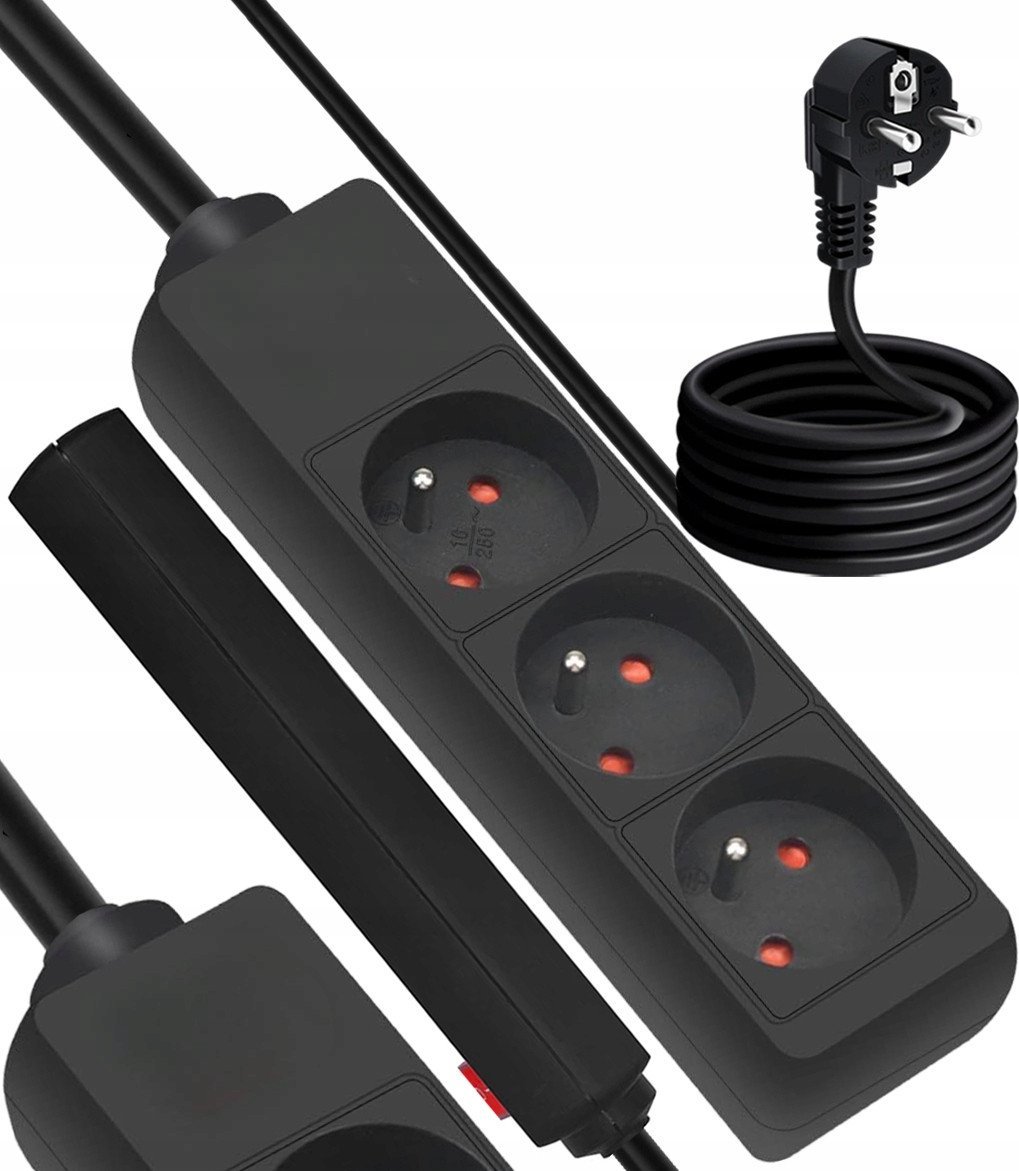 Przedłużacz sieciowy 3 gniazda z uziemieniem 1,5m czarny