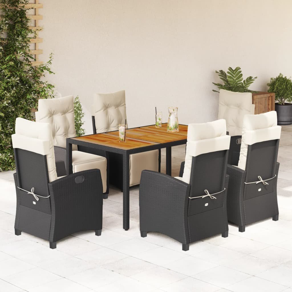 vidaXL VidaXL 7 Piece Patio Dining Set with Cushions Black Poly Rattan