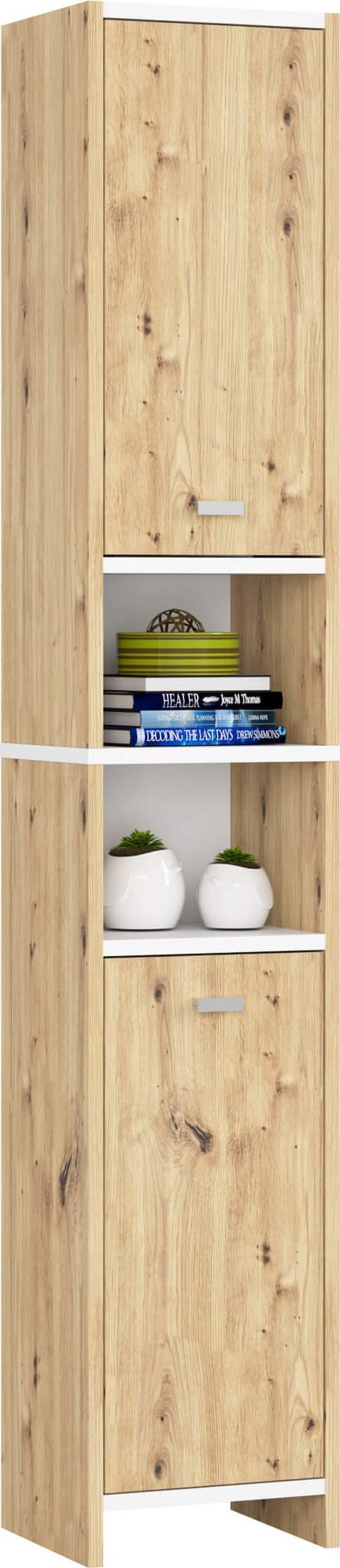 Regał łazienkowy Beti - Dąb Artisan Biały - 2 drzwi 2 wnęki