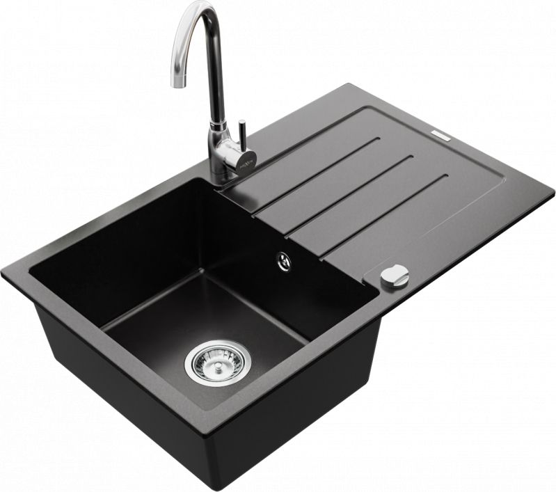Zlewozmywak Mexen Bruno zlewozmywak granitowy 1-komorowy z ociekaczem i baterią kuchenną Telma, czarny - 6513-77-670200-00