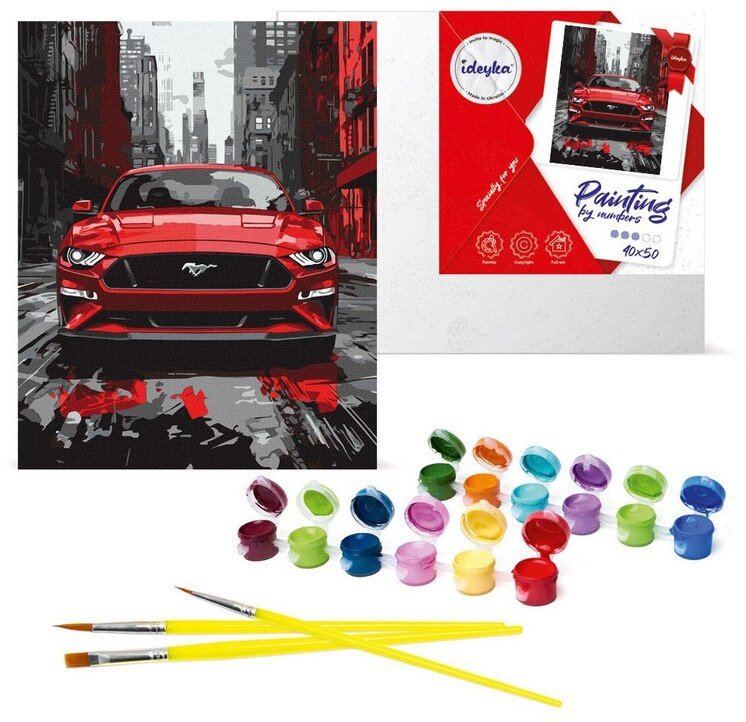Ideyka Malowanie po numerach 40x50 cm KHO5157 Czerwony sportowy samochód mustang AP0106