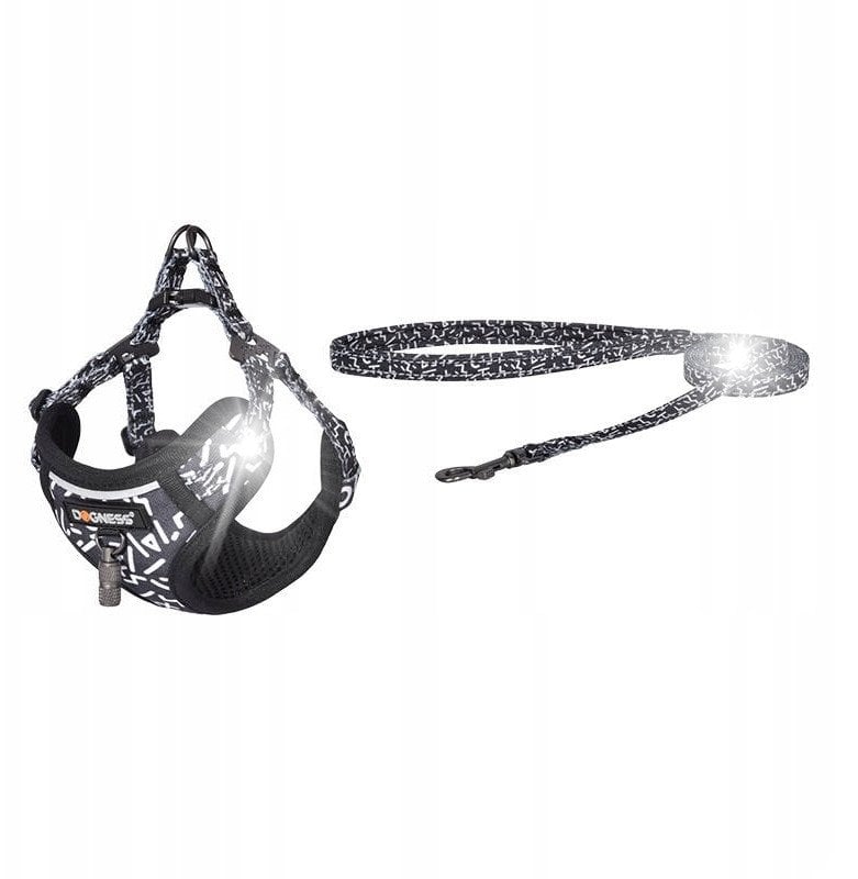 Zestaw spacerowy Dogness smycz 1,5m+szelki dla psa (czarno-biały)