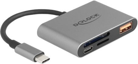 DELOCK USB-C Card Reader fur SD und Micro SD Speicherkarten + USB 10 Gbps Typ-A Port und USB Type-C PD 2.0 85 W