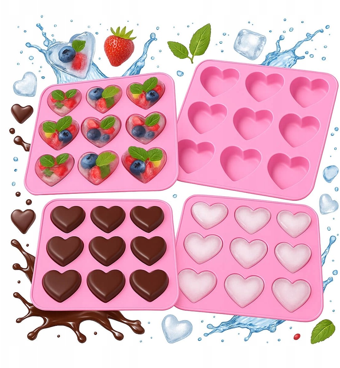 4x Forma Silikonowa Na Lód Czekoladki SERCE - 9 Łatwe Wyjmowanie Foremki