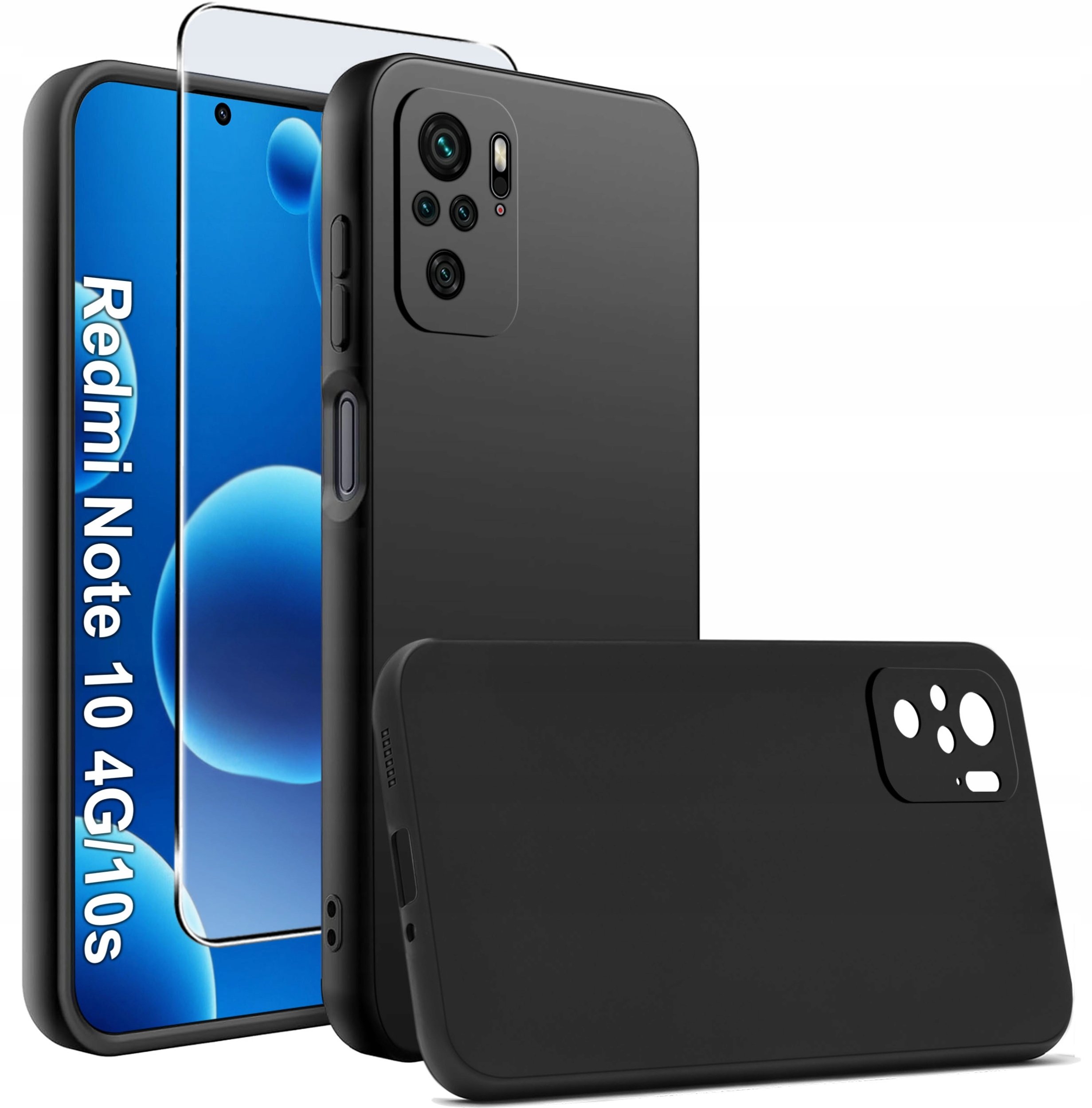 krainaGSM Etui Czarny Matowy Silikon Slim do Xiaomi Redmi Note 10 | 10s + SZKŁO 9H