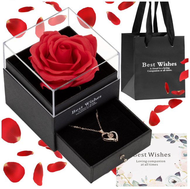 Wieczna róża z naszyjnikiem w pudełku prezentowym szkatułka na dzień kobiet walentynki UNIWERSALNY