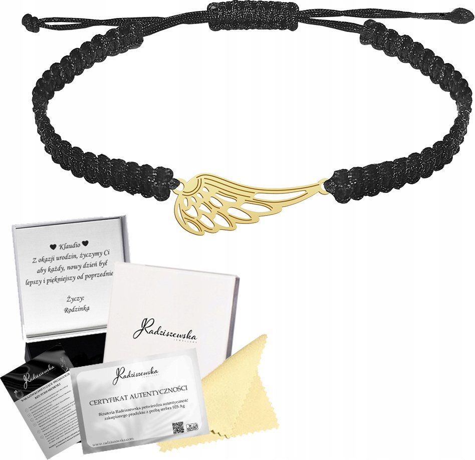 Radziszewska Jewellery Bransoletka ZŁOTA ze SKRZYDŁEM ANIOŁA Makrama SREBRO 925 Prezent ŻYCZENIA