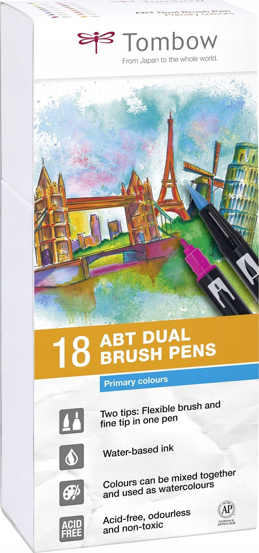 Tombow Tombow ABT-18P-1, 18 colours, Multicolour, Bullet tip & Brush tip, 0.8 mm, 1 cm, Black