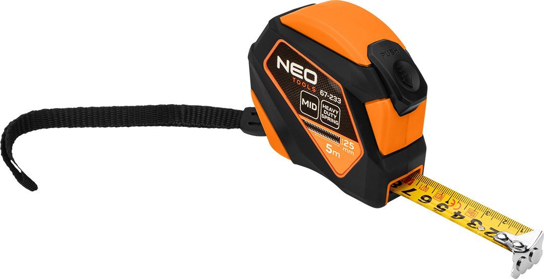 Neo Miara zwijana stalowa 5 m x 25 mm, auto blokada, przycisk stop, magnes