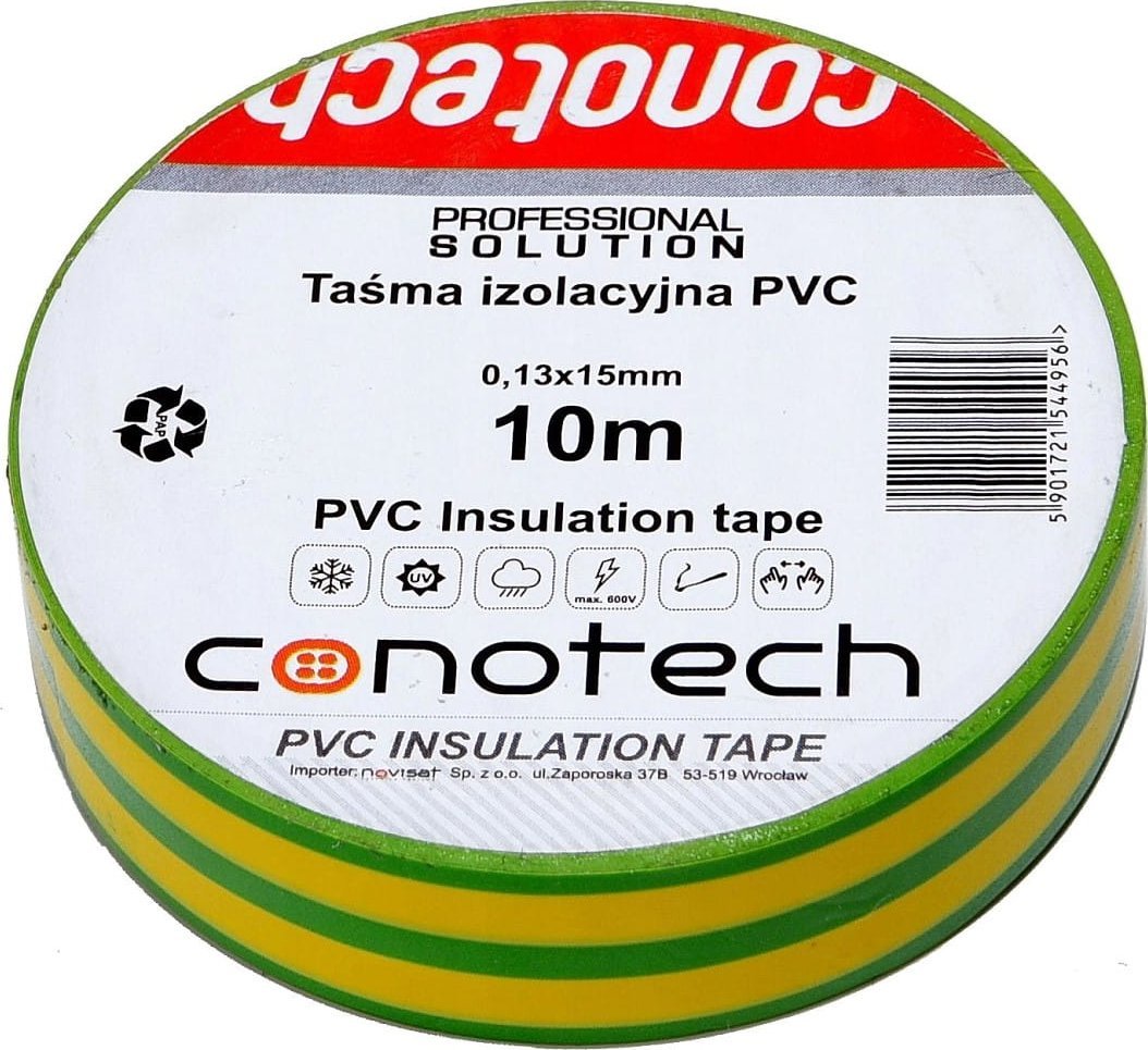 Conotech Taśma izolacyjna zielono/żółta PVC 0,13x15x10m NS