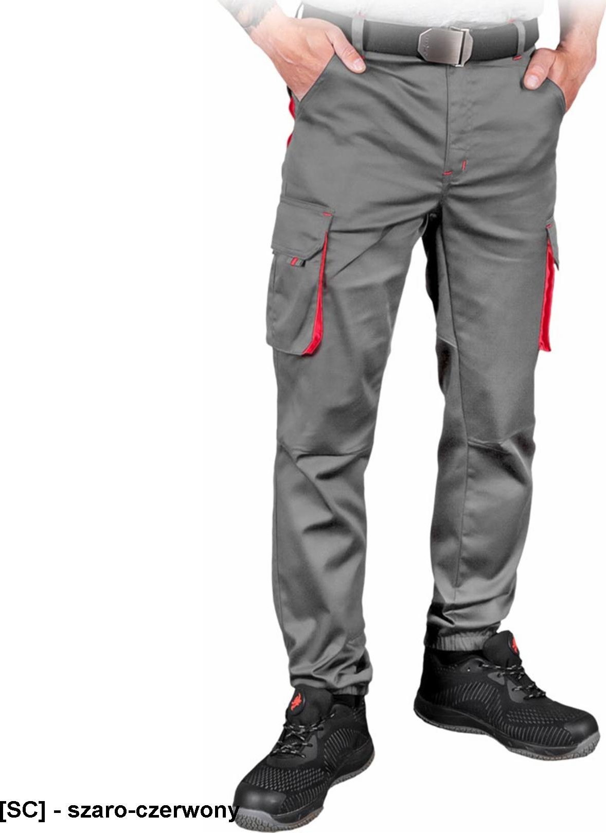 R.E.I.S. LAND-JOG-T - Elastyczne spodnie ochronne do pasa LAND-JOG męskie 62% poliester, 35% bawełna, 3% elastan 240 g/m2 - szaro-czerwony 52